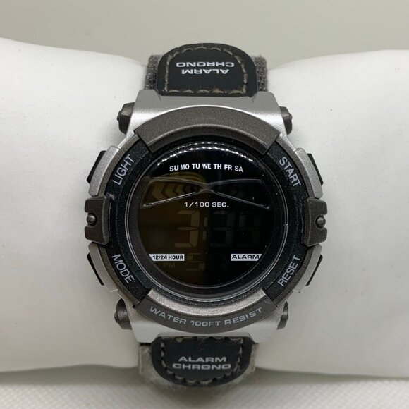 Men digital watch 43mm alarm chrono gray 100MWR silver tone nylon band running - Picture 1 of 7